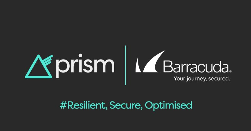An image showing Prism and Barracuda logos on a black background with the hashtag resilient, secure and optimised. 